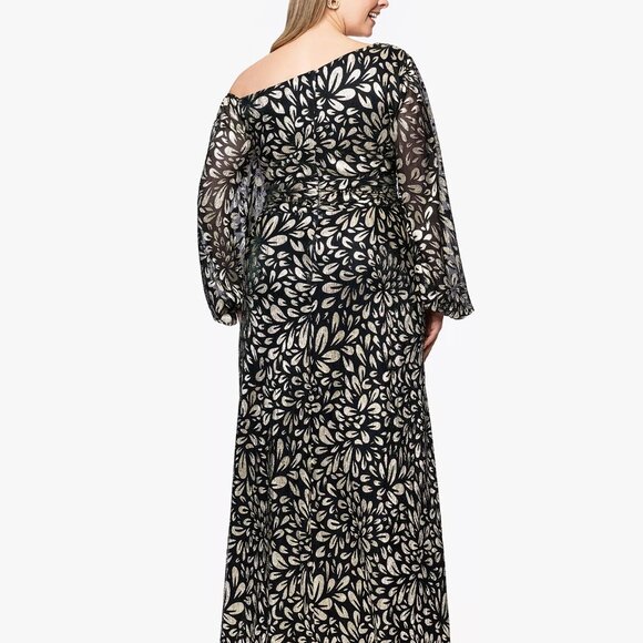 B&A By Betsy and Adam Metallic Printed Long A-Line Dress Green Gold Size 18W - Picture 2 of 3